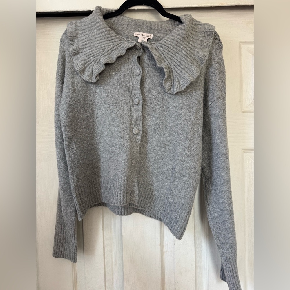 Sincerely Jules Gray Ruffled Collar Cardigan